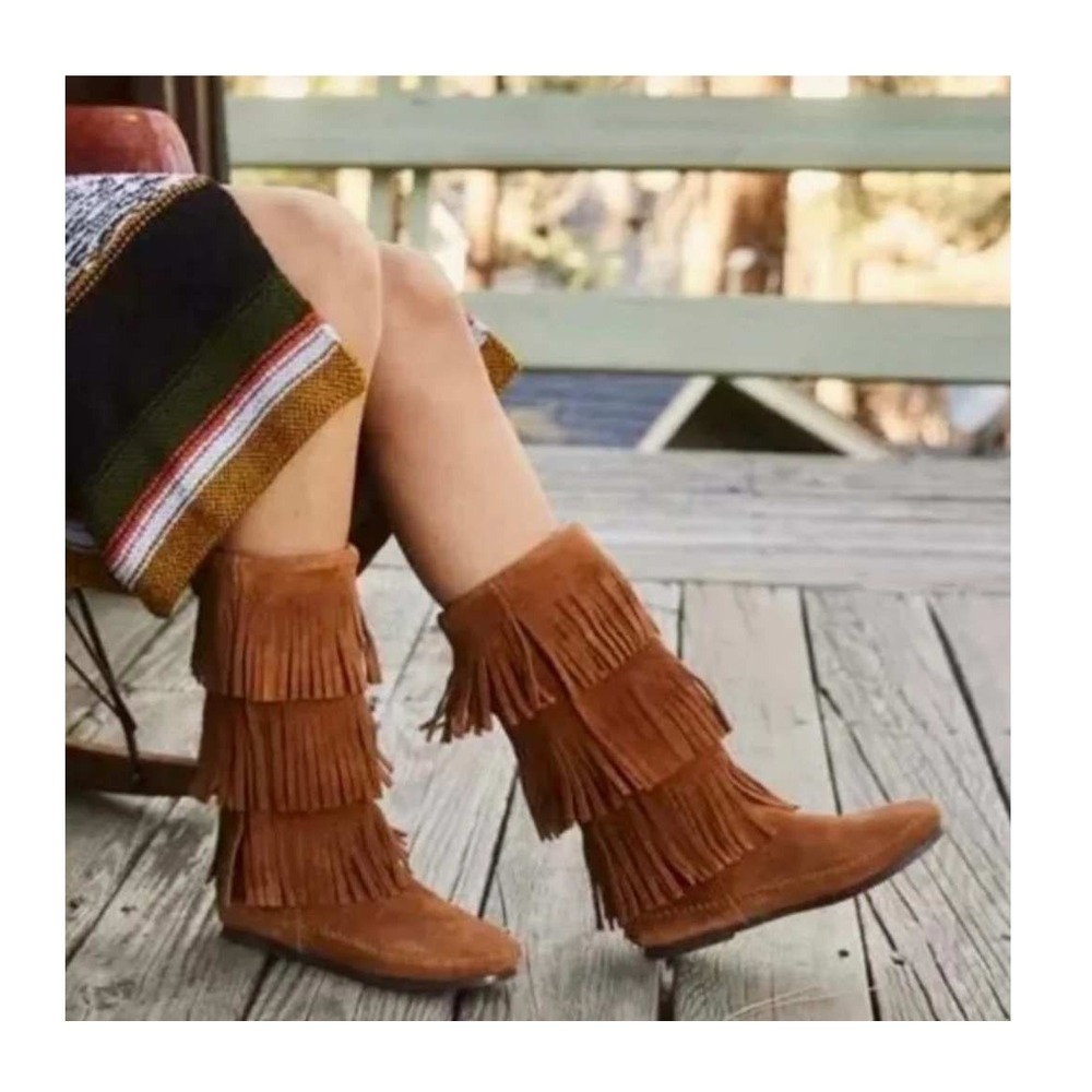 Minnetonka Moccasins 3 Layer Fringe Boot Brown Suede 1632 Calf High Boots Size 9